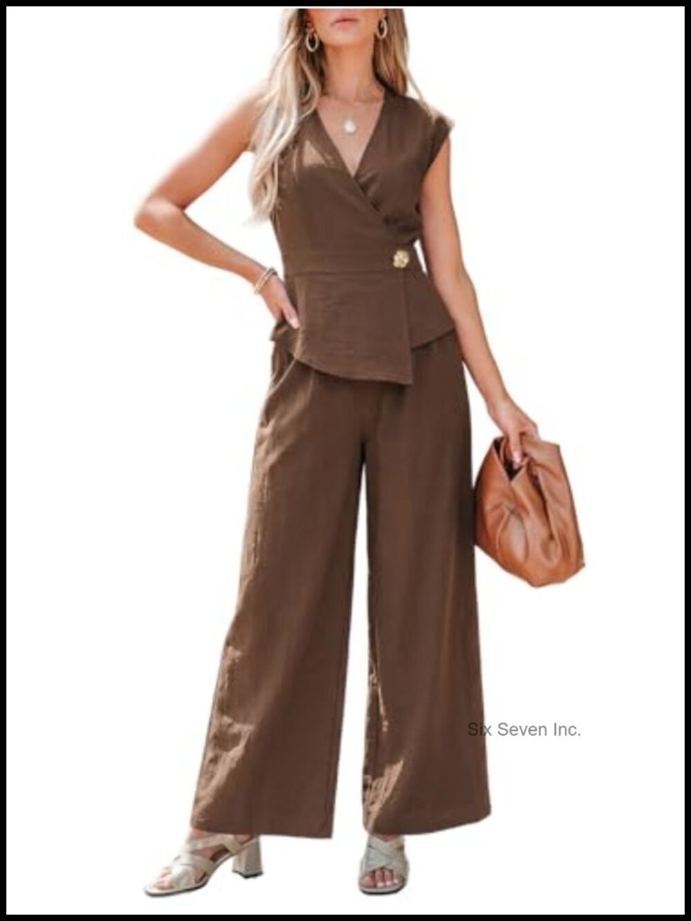 Womens 2 Piece Outfit Sleeveless Peplum Top Wide Leg Pants Pockets